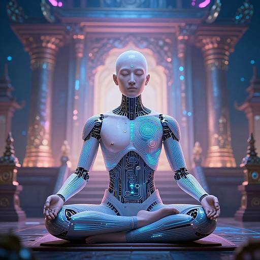 Digital artwork of a bald, white-skinned, robotic humanoid meditating in a futuristic, illuminated temple with neon blue and pink lights.