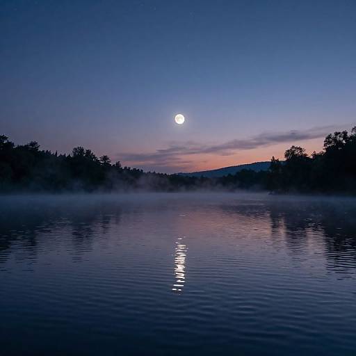 Photograph of a serene lake at twilight, with a full moon reflecting on calm water, surrounded by misty trees and a gradient sky from pink to