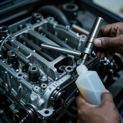 Photograph of a person's hands using a brush and liquid to clean a shiny, detailed car engine with multiple cylinders.