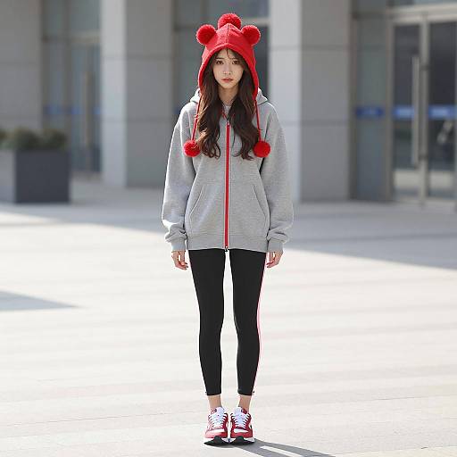 Young Woman in Casual Sportswear with Red Bear Hat
