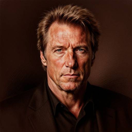Photograph of a middle-aged man with short, tousled brown hair, blue eyes, and a serious expression, wearing a black shirt against a dark
