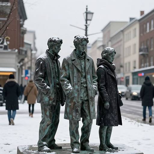 Photograph of three bronze statues of people in winter coats, standing on a snowy urban street, with blurred pedestrians and buildings in the background.