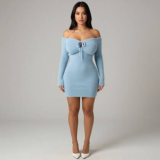 Photograph of a curvy woman with long black hair, wearing an off-shoulder light blue knit dress and white high heels, standing against a