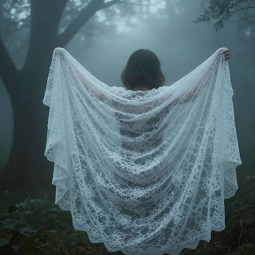 Photograph of a person with long brown hair, back to camera, holding open a delicate white lace shawl in a foggy forest.