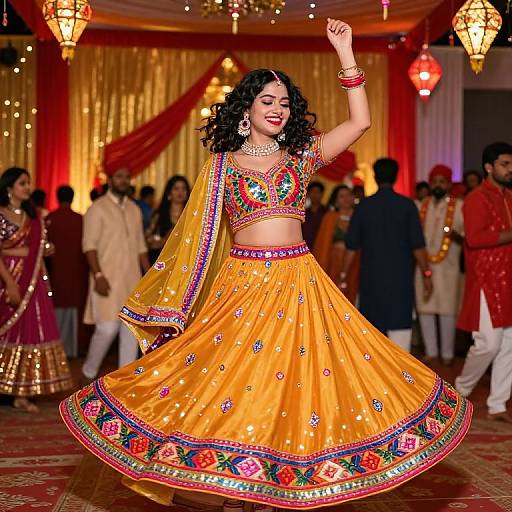 Photograph of a dancing Indian woman in a vibrant yellow lehenga with red and green embroidery, gold jewelry, and curly black hair, set in a