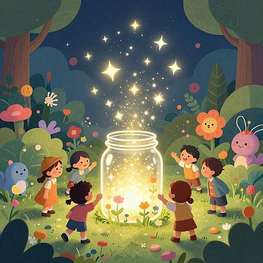 Illustration of five children with diverse appearances, holding hands around a glowing, magical jar in a vibrant, starlit forest, surrounded by colorful flowers and