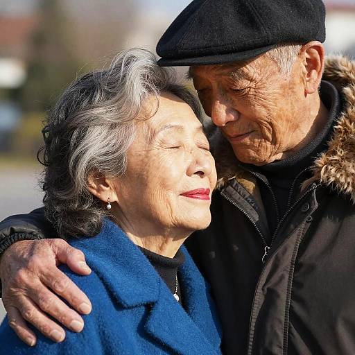 Photograph of an elderly couple with wrinkled faces, gray hair, and warm smiles, wearing winter coats and hats, embracing outdoors.