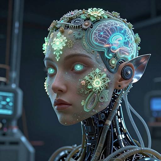 Digital CGI of a cybernetic woman with glowing blue eyes, flower-like mechanical adornments on her head, and intricate metallic neck. Background: dark