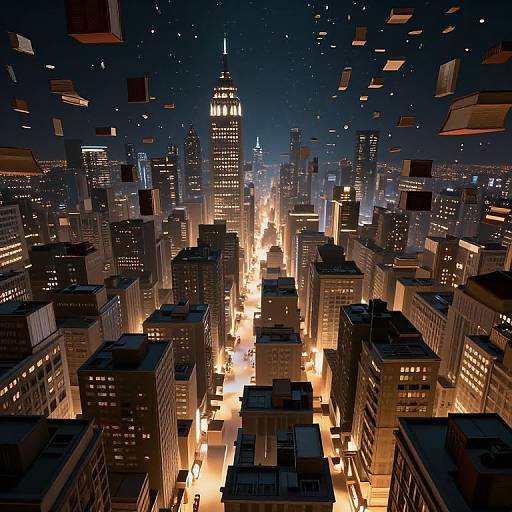 Digital artwork of a bustling, illuminated cityscape at night. Skyscrapers fill the frame, with glowing streetlights and floating papers in a star