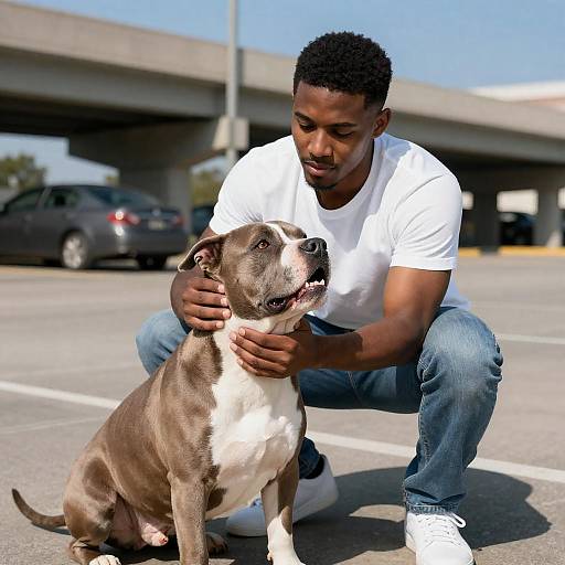 Young Man with Pit Bull in Parking Lot