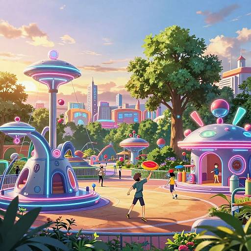 Futuristic Anime Park at Sunset