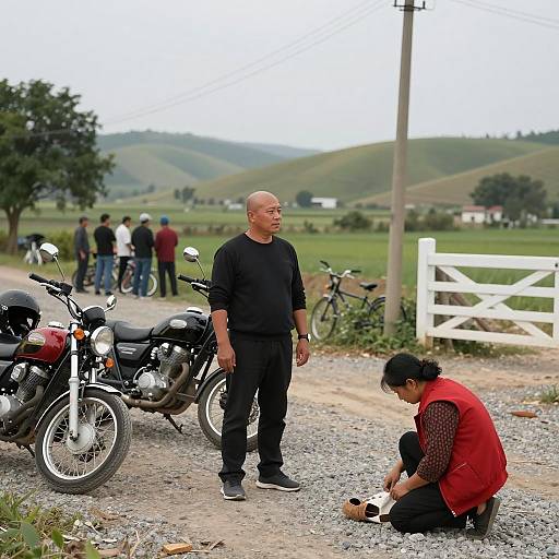 Rural Scene with Motorcycles and People