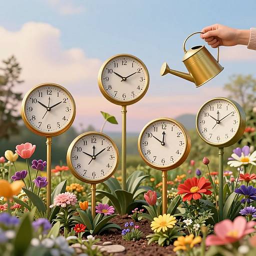 Photograph of six golden clocks in a colorful flower garden, with a hand pouring water from a gold watering can.