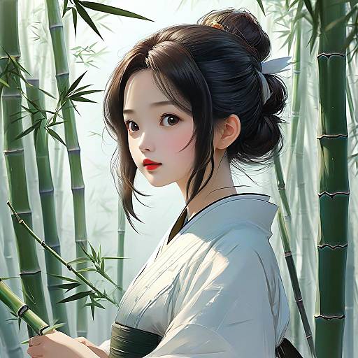 Digital anime-style portrait of a young Asian woman with black hair in a bun, wearing a white kimono, standing among tall bamboo stalks with sunlight