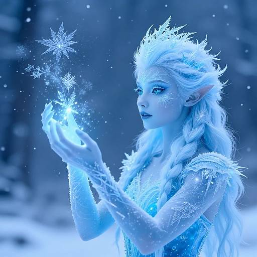 Digital art of an ethereal, blue-tinted, ice queen with long, braided white hair, elf-like ears, and intricate icy crown
