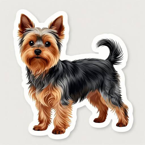 Digital illustration of a small, fluffy black and tan Yorkshire Terrier with a white patch on its head, standing against a white background. The dog has