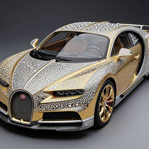Photorealistic image of a gold-colored, diamond-encrusted Audi R8 sports car with sparkling, glittery texture, angled from front-left