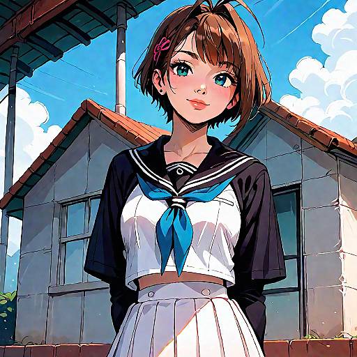 Cheerful Schoolgirl Under Blue Sky