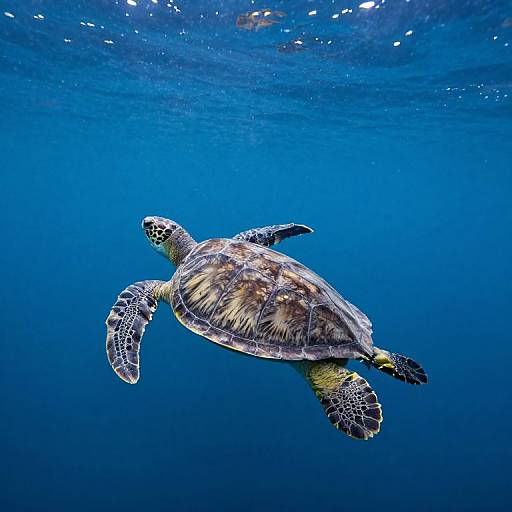 Photograph of a sea turtle swimming gracefully underwater, surrounded by deep blue ocean water. The turtle's detailed, textured shell and flippers are prominently visible