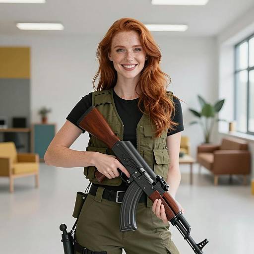 Cheerful Woman with AK-47 in Bright Space