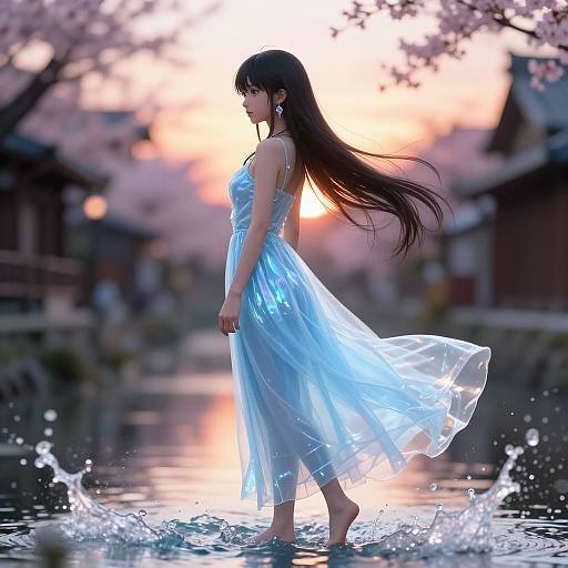 Digital illustration of a slender woman with long black hair in a flowing, translucent blue dress standing in a pond at sunset, surrounded by cherry blossoms and