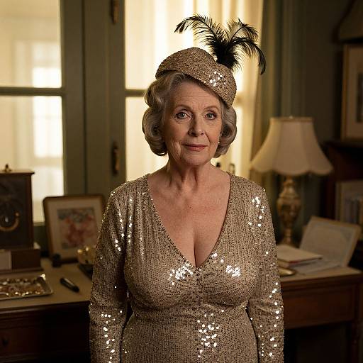 Photograph of an elderly woman with gray hair, wearing a sparkly, deep V-neck, sequined dress and matching hat with a black feather,