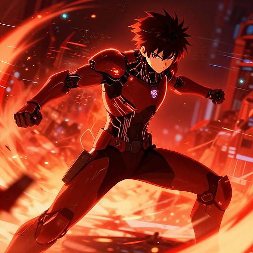 Dynamic anime-style digital illustration of a black-haired, red-armored male warrior mid-leap, surrounded by intense, fiery red and orange flames, in