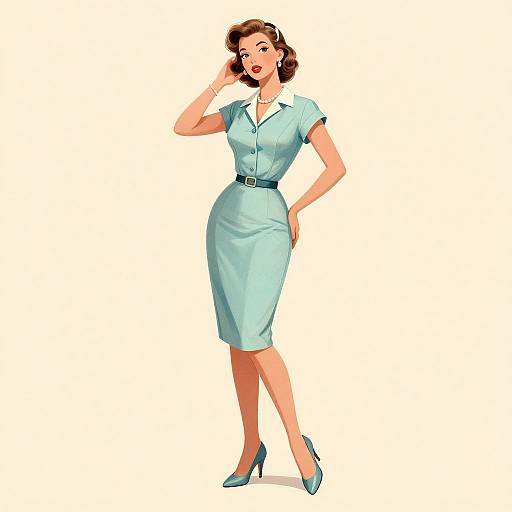 Vintage-style digital illustration of a confident, fair-skinned woman with short brown hair, wearing a light blue, belted, short-sleeve dress