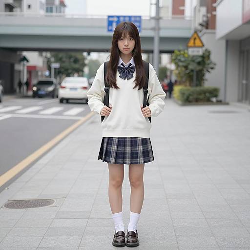 Asian Schoolgirl Standing on Urban Sidewalk
