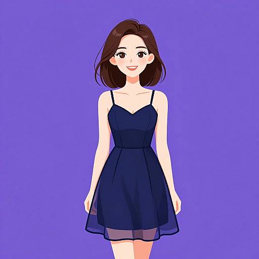 Digital anime-style drawing of a smiling young woman with brown hair, wearing a sleeveless dark blue dress, against a solid purple background.