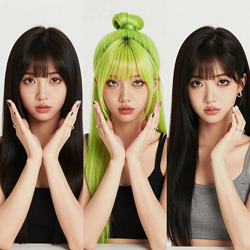 Three digitally-rendered Asian women with long black hair, one with neon green hair, wearing black and gray tops, hands framing faces, white background.