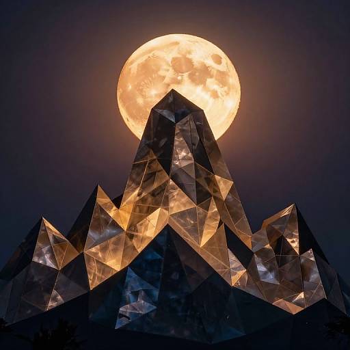 Photograph of crystalline geometric mountain peaks illuminated by a glowing, full yellow moon in a dark, night sky.