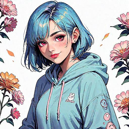 Digital anime-style portrait of a blue-haired girl with pink eyes, wearing a light blue hoodie, surrounded by colorful flowers.