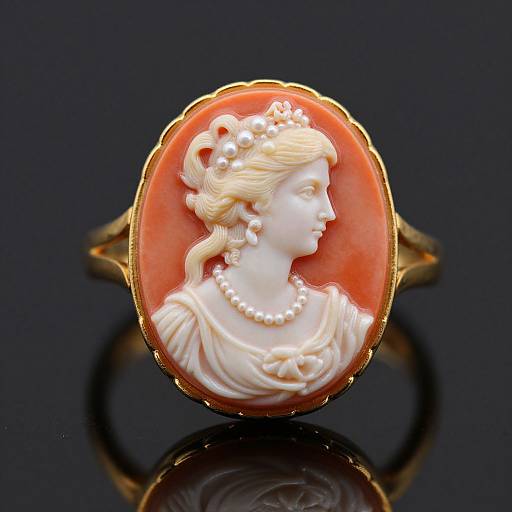 Photograph of an intricately carved, oval-shaped, red-orange cameo pendant featuring a profile of a blonde, white-skinned woman in a dress and