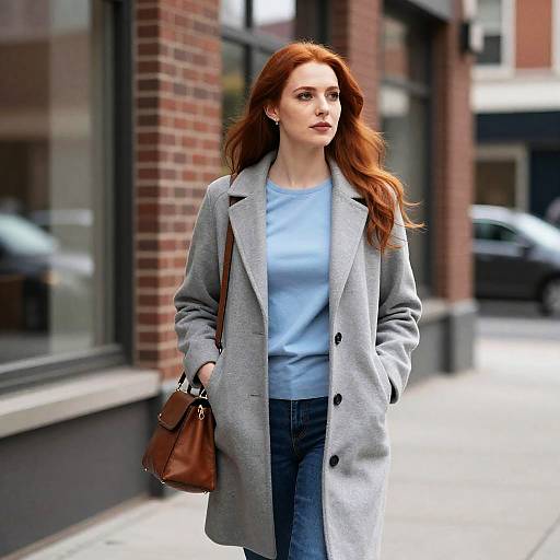 Red-Haired Woman Walking on City Sidewalk