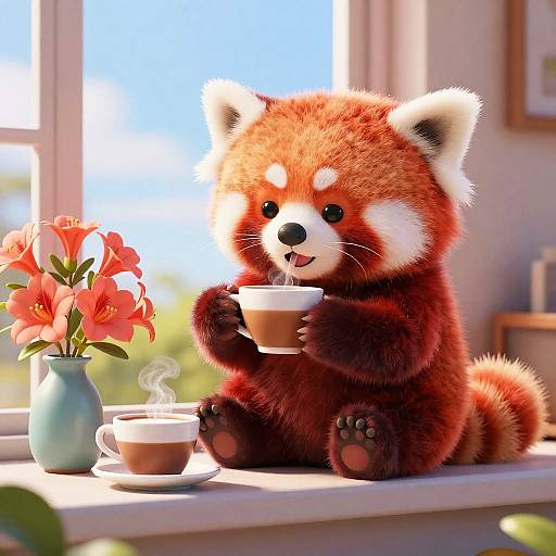 Cute, fluffy red panda in a sunlit window sipping coffee, surrounded by vibrant red lilies and a cozy, warm atmosphere. Digital art