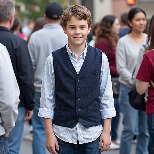 Photograph of a young boy with short brown hair, wearing a white shirt and black vest, smiling in a crowded outdoor setting. Blurred background includes