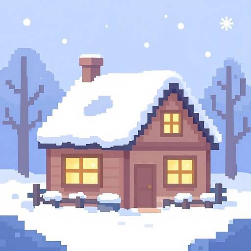 Pixel art of a snow-covered, wooden cottage with glowing yellow windows, set against a blue winter sky with snowflakes.