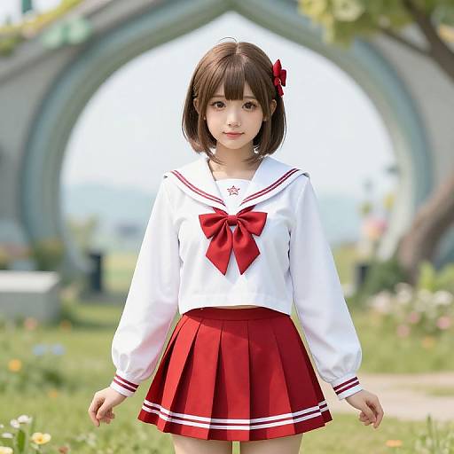 Kawaii Girl in Red and White School Uniform