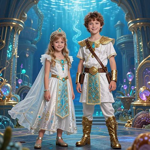 Photograph of two children in fantasy medieval attire, girl in white dress with blue accents and tiara, boy in white tunic with gold armor,