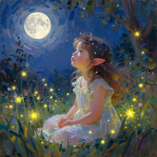 Fantastical painting of a young fairy girl with pointed ears, sitting under a glowing full moon, surrounded by ethereal fireflies in a magical forest