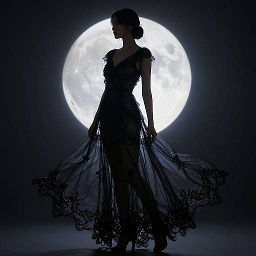 Silhouetted woman in black lace dress, backlit by full moon, standing against dark background, moonlight highlighting her profile. Photographic image