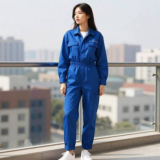Woman in Blue Work Jumpsuit
