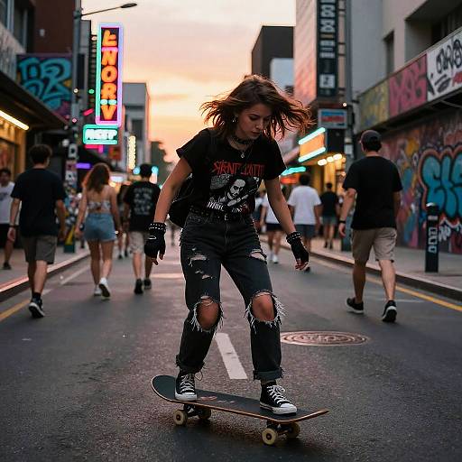 Photograph of a young woman with long brown hair, wearing ripped black clothes and gloves, skateboarding down a colorful, graffiti-filled urban street at sunset