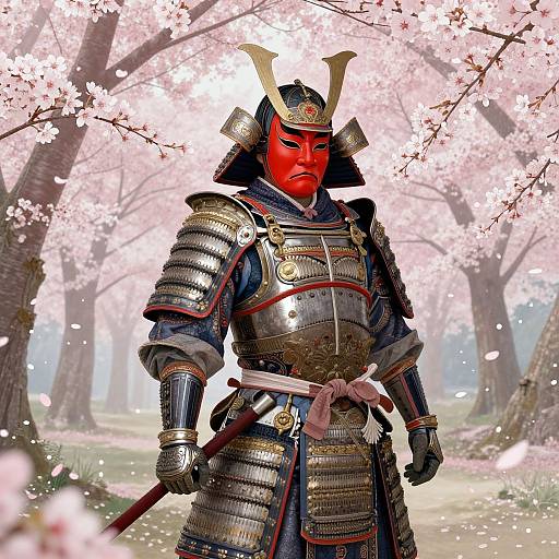 Digital art of a stern red-faced samurai in intricate golden armor, standing under pink cherry blossom trees, holding a sword.