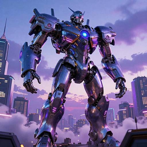 Photorealistic CGI of a towering, metallic, purple and blue glowing mecha robot standing in a futuristic cityscape at sunset.
