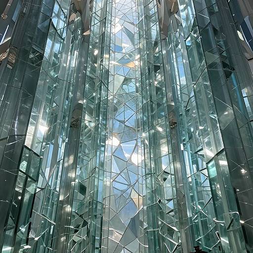 Photograph of a modern glass building facade with vertical, irregularly shaped, reflective glass panels, creating a chaotic, geometric pattern under bright daylight.