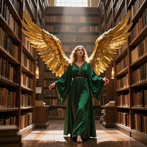 Photograph-like digital art of a woman with golden wings, wearing a green robe, walking down a sunlit library aisle.