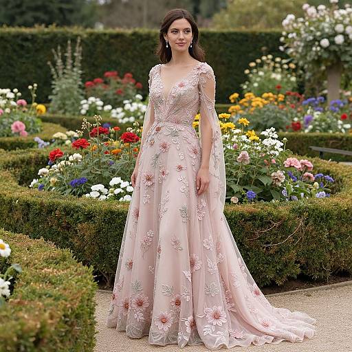 Photograph of a pale-skinned woman with dark brown hair in a full, pink floral-embroidered gown, standing in a vibrant, colorful