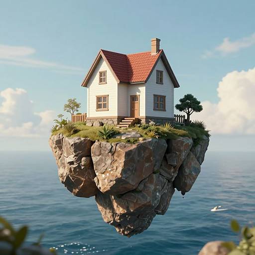 CGI image of a small, white house with red roof, floating on a rocky cliff above a calm blue ocean.